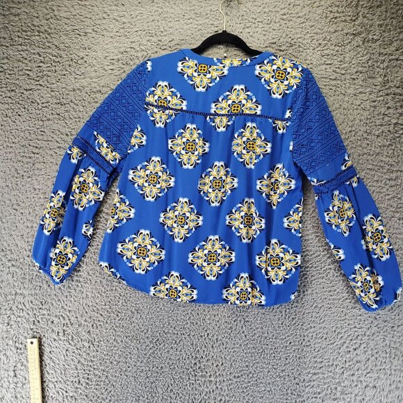 Crown & Ivy Top Women PXL Blue Floral Embroidered Long Sleeve Boho Blouse - Picture 7 of 8